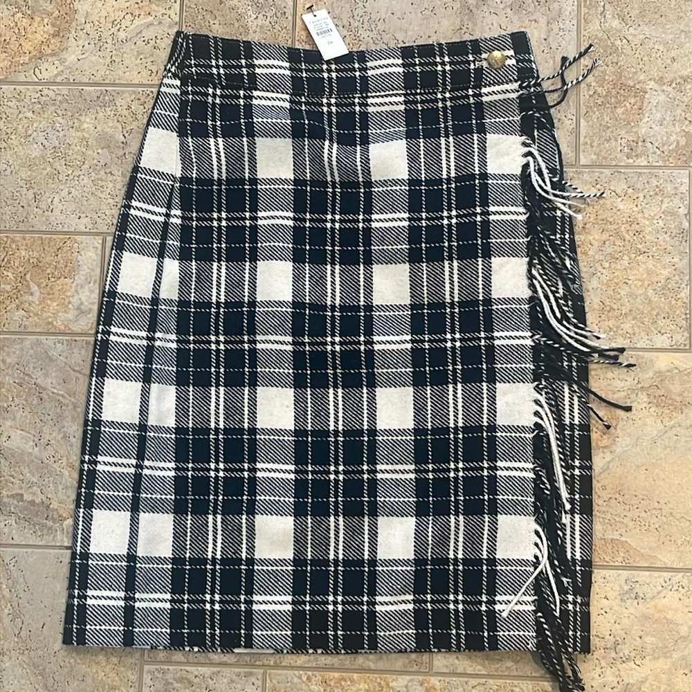 Talbots Skirt Womens Ice Plaid Fringe Wrap A Line Chic Lined Black White